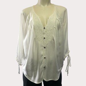 Roxy Boho Peasant Embroidered White 3/4 Sleeve Button Down Top Size Small
